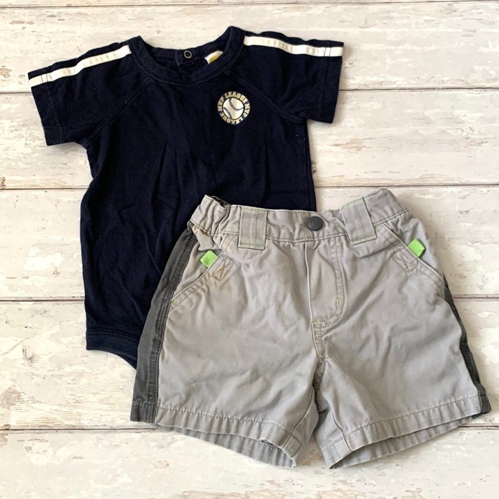 Baby Boys 12m Outfit Navy Blue Baseball Bodysuit & Gray Shorts Kids Summer Set